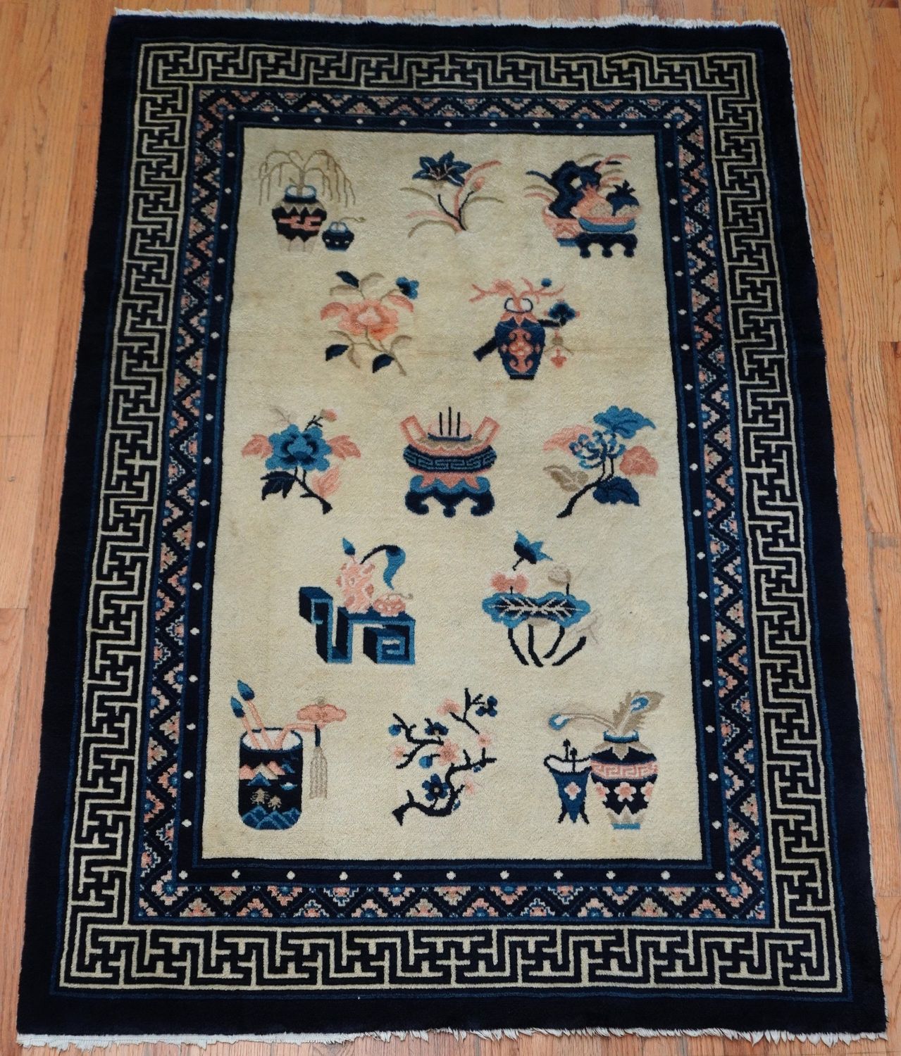 Antique Chinese Peking Hand Knotted Wool Ivory Oriental Rug 4' x 6' Antique Chinese Peking Hand Knotted Wool Ivory Oriental Rug 4' x 6'