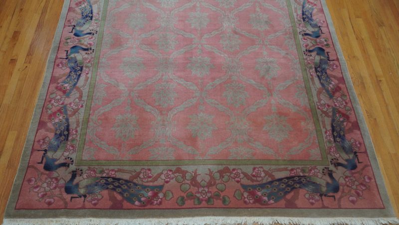 Chinese Hand Knotted Wool Peacocks Rose Pink Oriental Rug 7'9" x 10'
