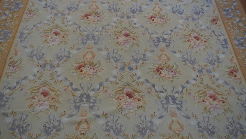 Aubusson French Design Tapestry Hand Woven Wool Green Gold Rug 9'9" x 14'
