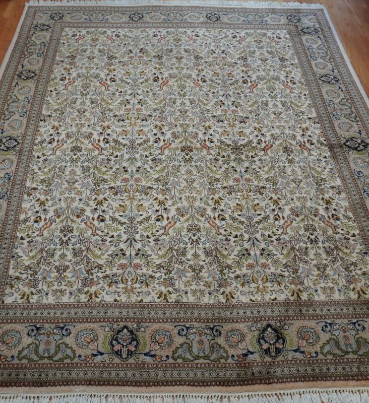 Persian Tabriz Taba-Tabayee Hand-Knotted Wool Birds Animals Ivory Oriental Rug 9' x 12'