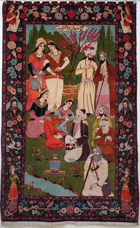 Antique Persian Kerman Pictorial Hand Knotted Wool Rug, story of Shaykh San'an & Tarsa Girl 4'4" x 7'