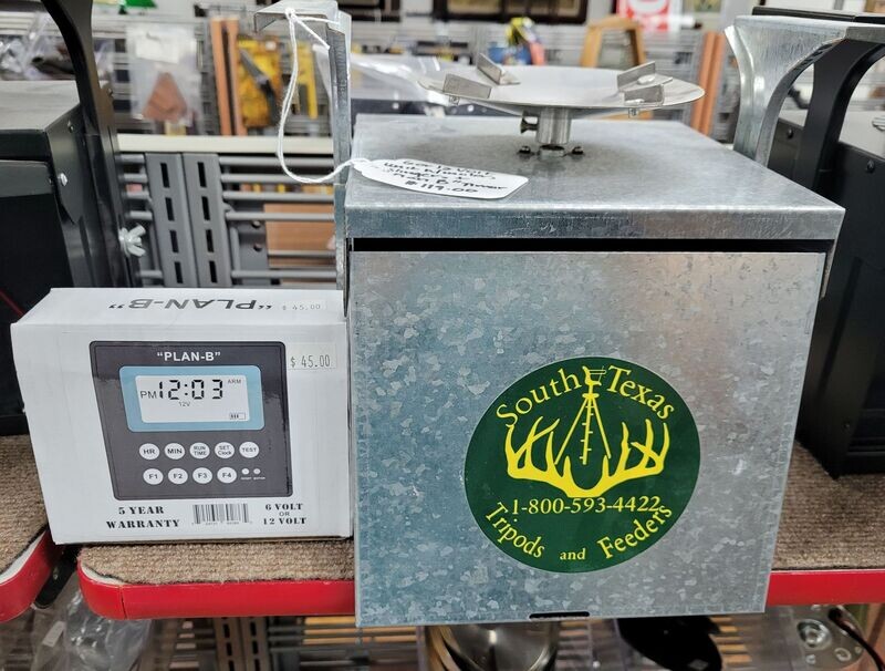 UNIVERSAL GALVANIZED FEEDER ASSEMBLY 6 OR 12 VOLT Box with 1/8” Motor, Slinger, Plan B Timer