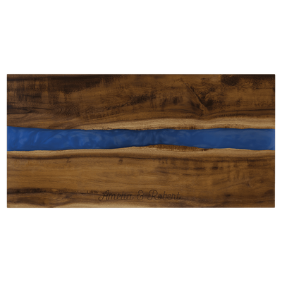 Acacia wood with blue pearl resin,
 18"x 9"