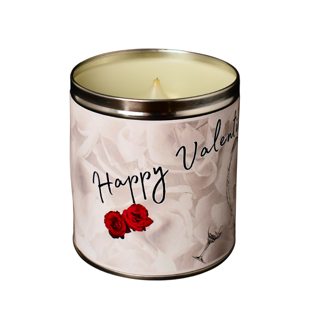 Valentine’s Day candle in a sleek metal tin with minimalist label featuring red roses, white wine imagery