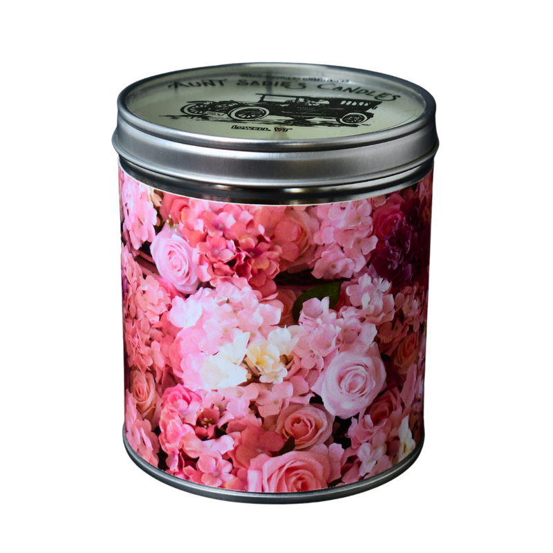 Aunt Sadie's Candle, decorated with all-pink flowers, hydrangeas and roses for Mother's Day