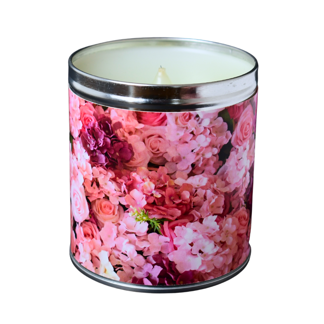 Aunt Sadie's Candle, decorated with all-pink flowers, hydrangeas and roses for Mother's Day