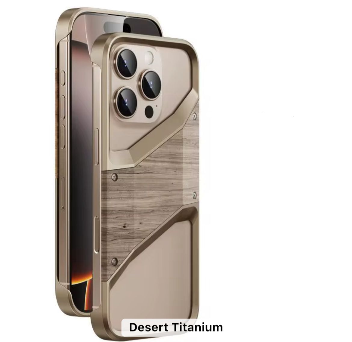 Luxury Metal Frame Solid Real Wood Case 15 Pro, Colour: Desert Titanium, iPhone Model: 15 Pro