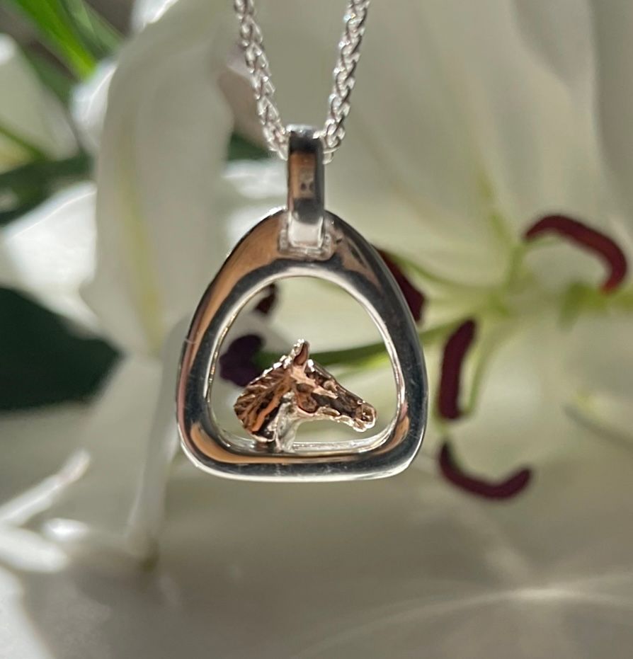 Horse’s head in stirrup necklace