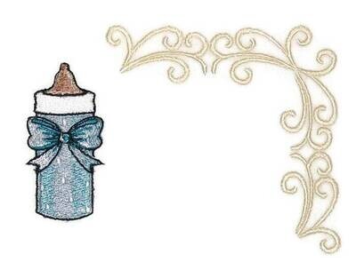 Baby bottle embroidered quilt label with scrollwork accent, to customize with your personal message to document your quilts history