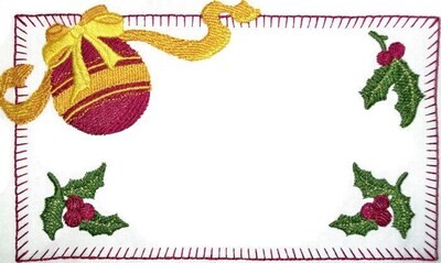 Christmas ornament embroidered quilt label with holly and berries.