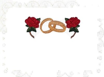 Wedding rings &amp; roses embroidered quilt label, to customize with your personal message