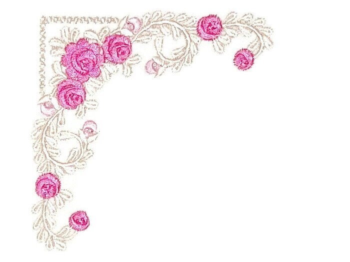 Embroidered quilt label, Bright Pink Roses in a lacy filigree motif, to customize with your personal message.