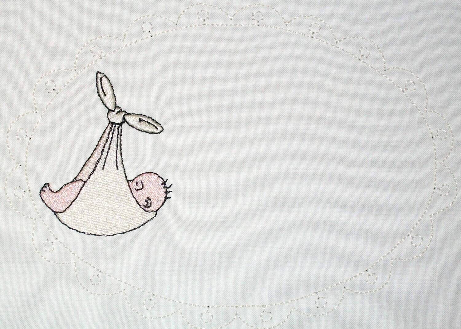 Stork&#39;s special baby delivery embroidered quilt label, to customize with your personal message