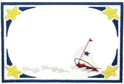 Nautical Sailboat scene embroidered quilt label, to customize with your personal message