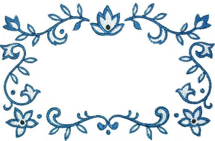 Blue Art Deco Swirls embroidered quilt label, to customize with your personal message