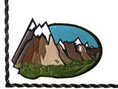 Mountain scenic view embroidered quilt label, to customize with your personal message