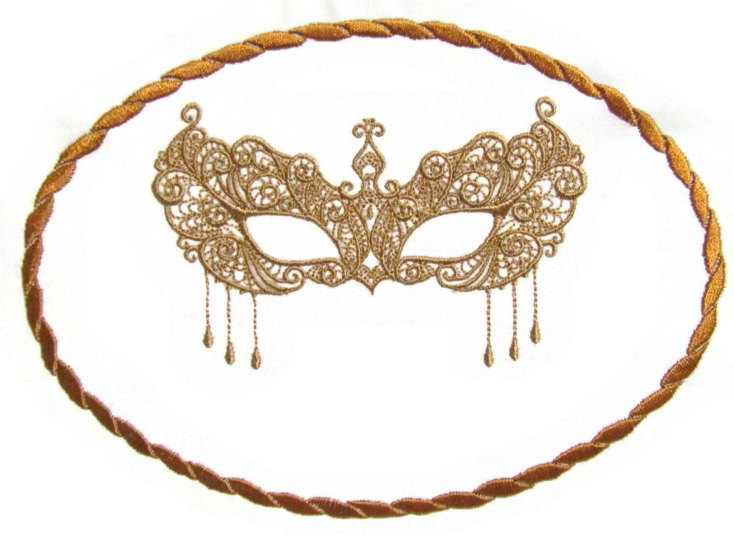 Mask Filigree Embroidered Quilt Label to customize with your personal message