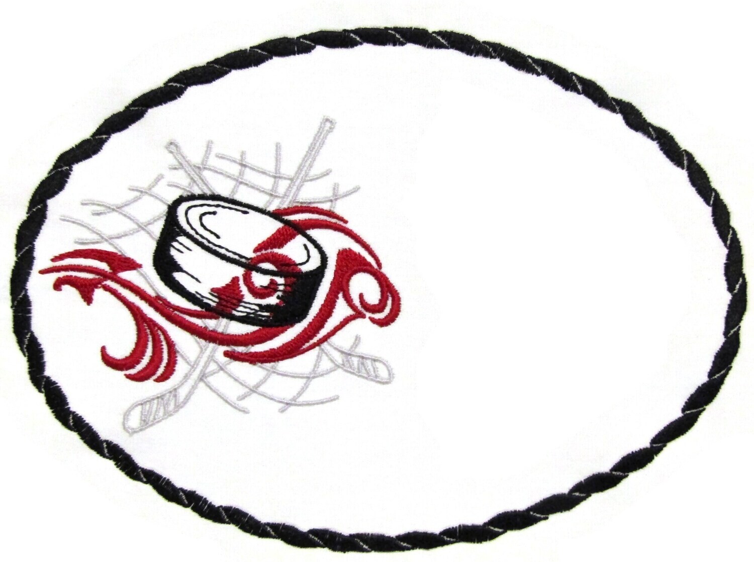 Hockey motif embroidered quilt label to customize with your personal message