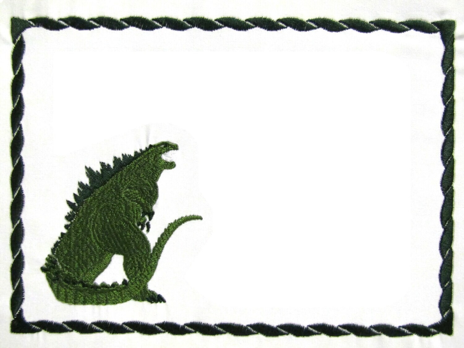 Godzilla embroidered quilt label to customize with your personal message