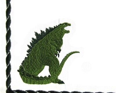 Godzilla embroidered quilt label to customize with your personal message