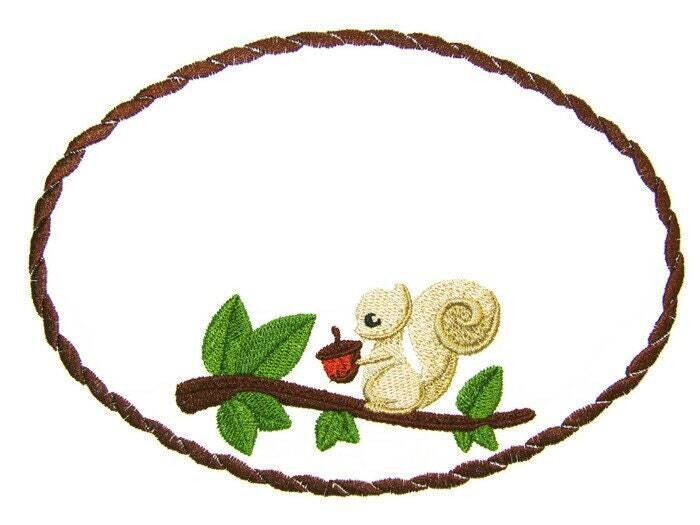 Squirrel and his Nut embroidered quilt label to customize with your personal message