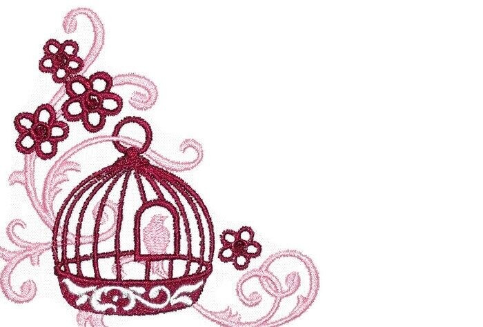 Birdcage scrollwork motif embroidered quilt label to customize with your personal message