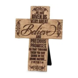 Cross Cast Stone Wood Grain: Believe (2 Peter 1:4)