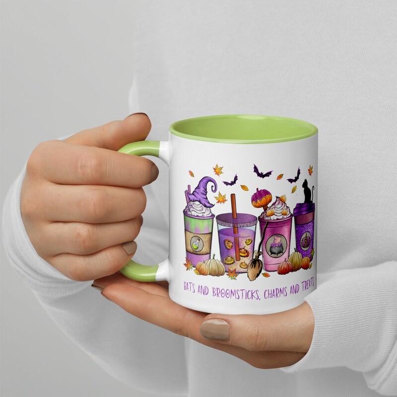 Bats and Broomsticks, Charms and Treats 11oz Mug with Green Inside