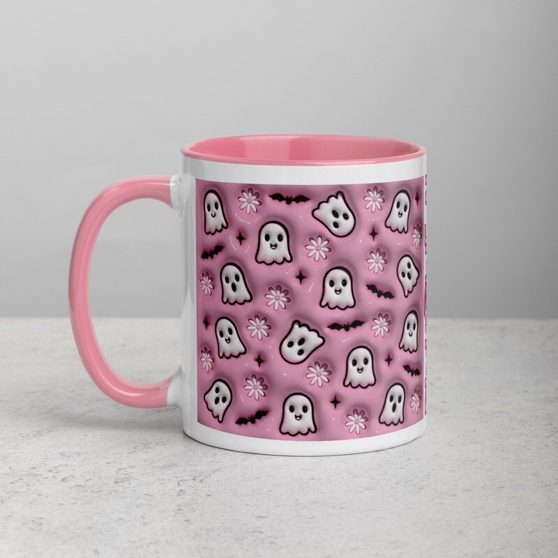Pink-o-Ween Ghosts Bats and Daisies 11oz Mug with Color Inside