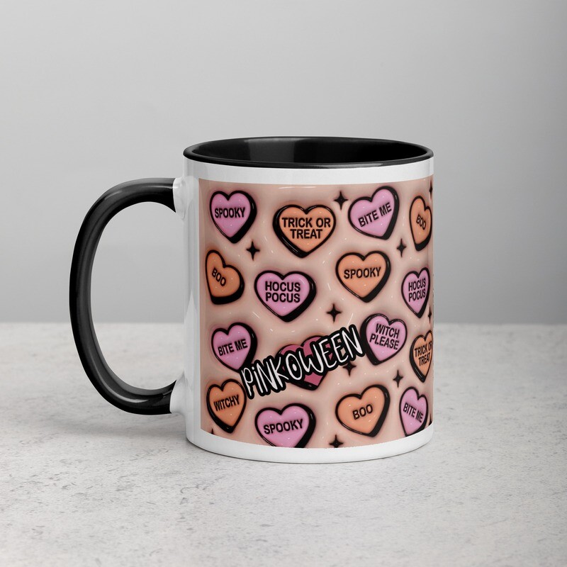 Pink-o-Ween Spooky Conversation Hearts 11oz Mug with Black Inside