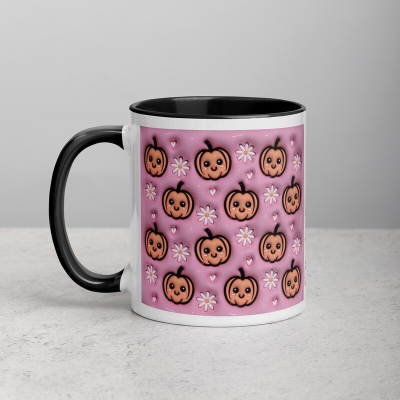 Pink-o-Ween Pumpkins and Daisies 11oz Mug with Color Inside