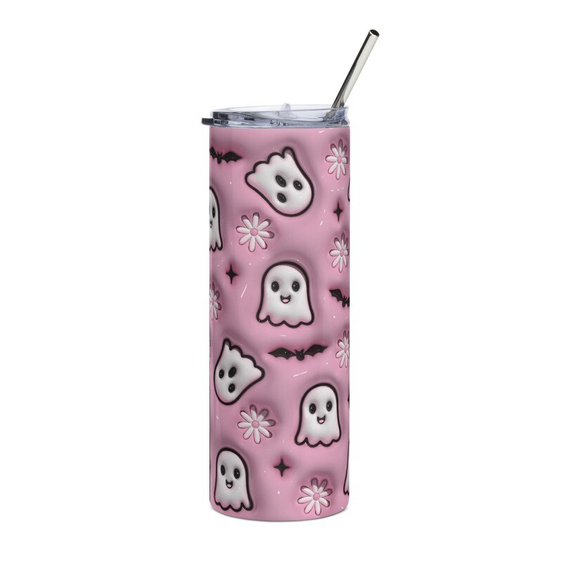 Pink-o-Ween Ghosts Bats and Daisies 20oz Skinny Stainless Steel Tumbler