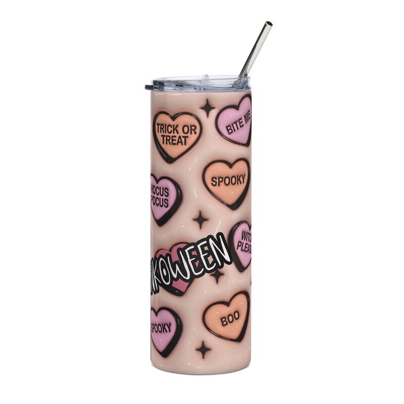 Pink-O-Ween Spooky Conversation Hearts 20oz Skinny Stainless Steel Tumbler
