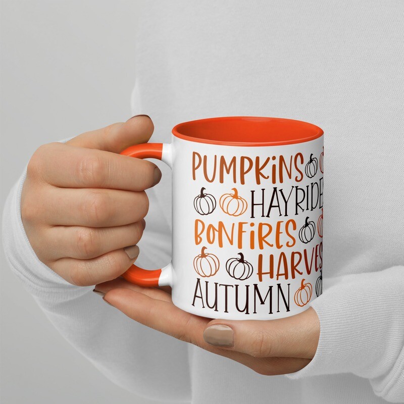 All Things Fall Mug with Orange Handle, Rim and Inside 11oz