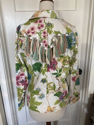 Alexis &amp; Avery M Floral Hand Sewn Macrame Cotton one-of-a-kind Floral Jacket. Made in the USA!