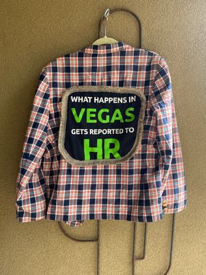 Vintage LizSport plaid Mama Made USA reworked women’s reworked jacket with comical design “What Happens in Vegas Gets Reported to HR”