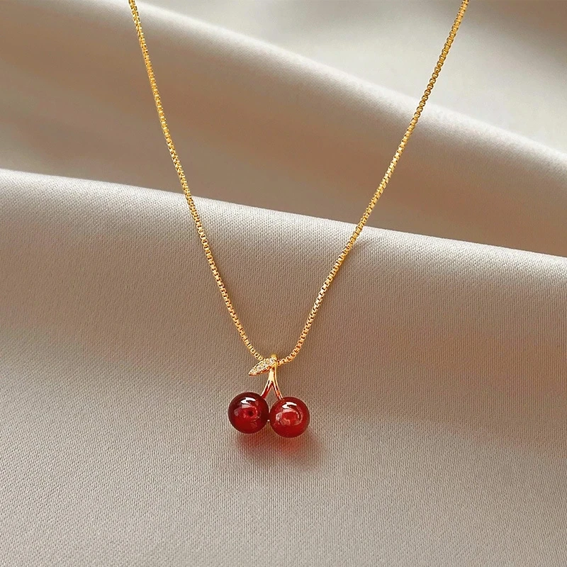Wine Red Cherry Gold Colour Pendant Necklace