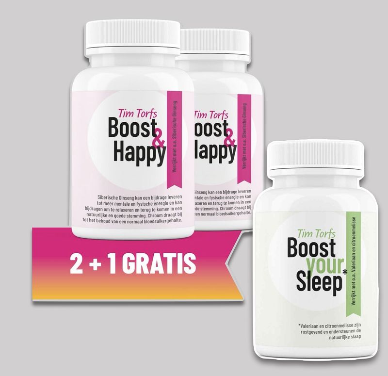 2 potjes Carnitine Boost &amp; Happy + Boost your Sleep 60 caps GRATIS