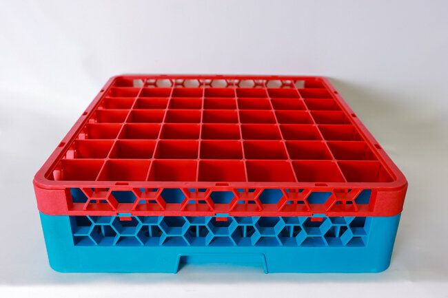 OptiClean Dishwasher Glass Rack, 49 Compartment 2-3/8"x2-3/8" With 1 Color Coded Extender Red/Blue NSF OptiClean Dishwasher Glass Rack, 49 Compartment 2-3/8"x2-3/8" With 1 Color Coded Extender Red/Blue NSF