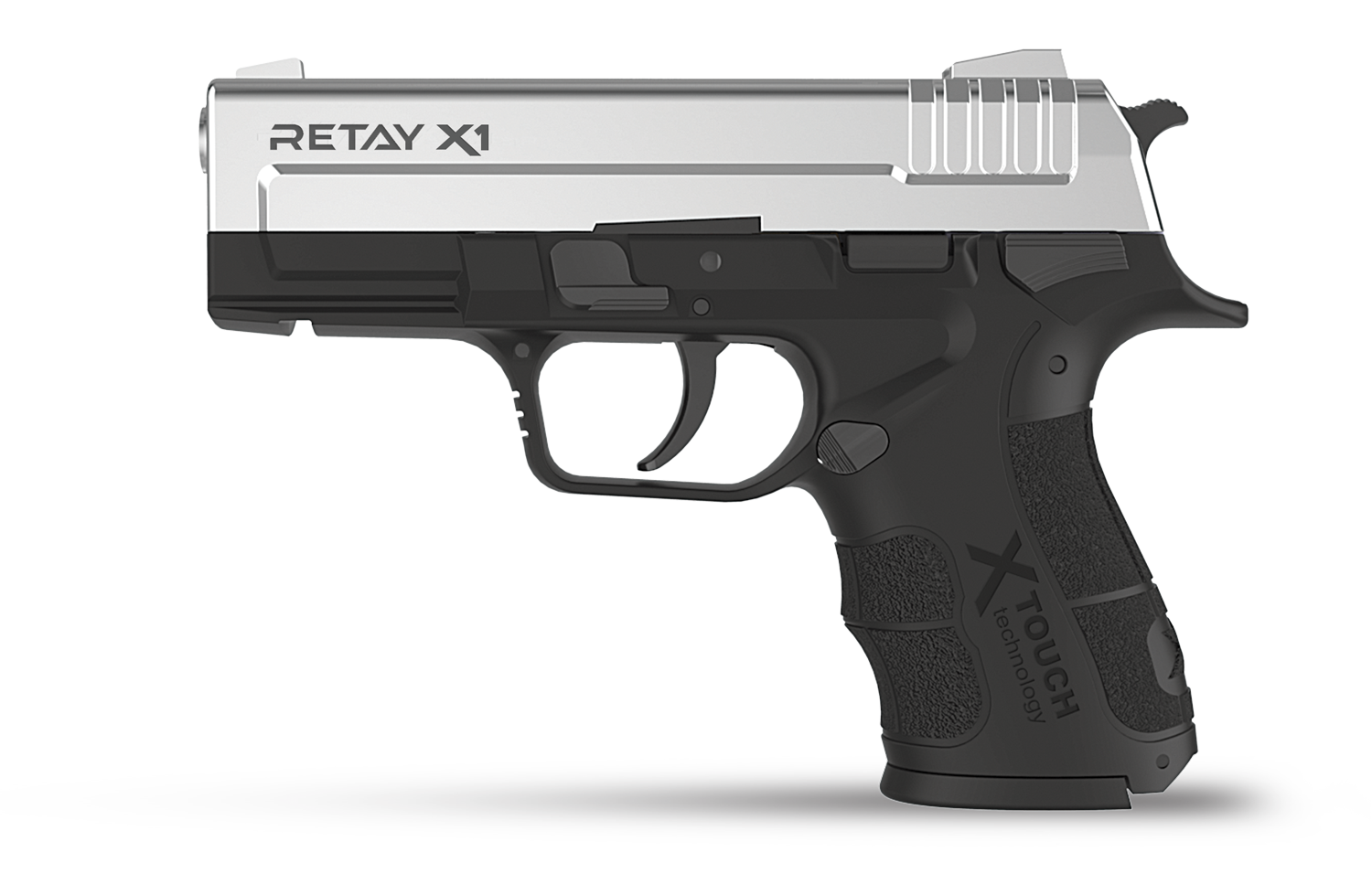 Retay X1 chrome 9mm Semi-Auto Blank and Pepper Rounds Gun- black