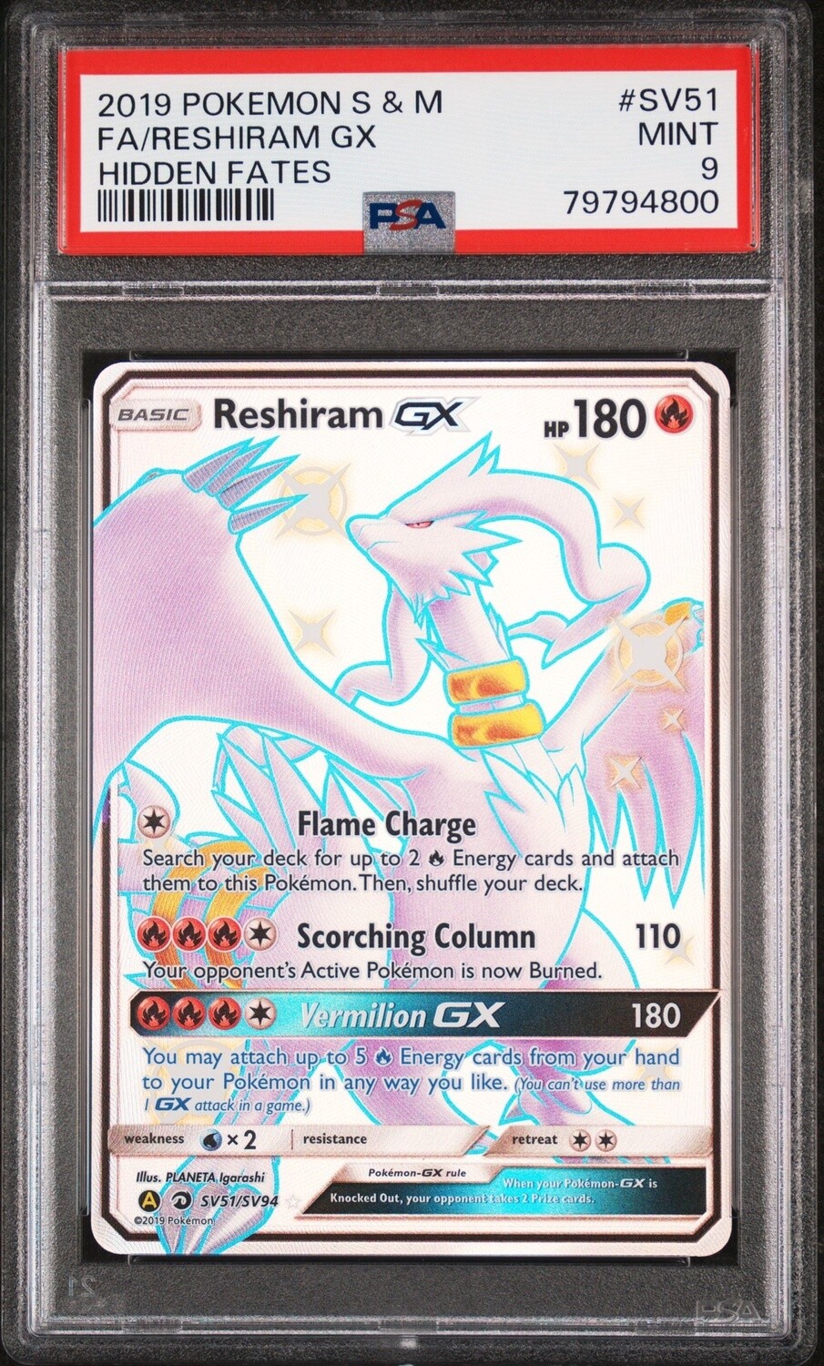 2019 Pokemon Sun And Moon Hidden Fates Shiny Vault Reshiram Gx Sv51 Psa 9