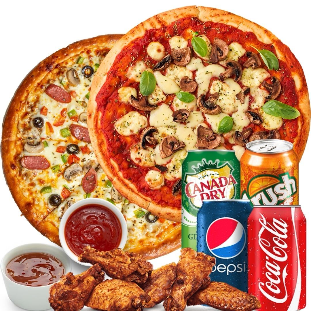 2 Small Pizzas, 3 Toppings, 24 Wings and 4 Drinks