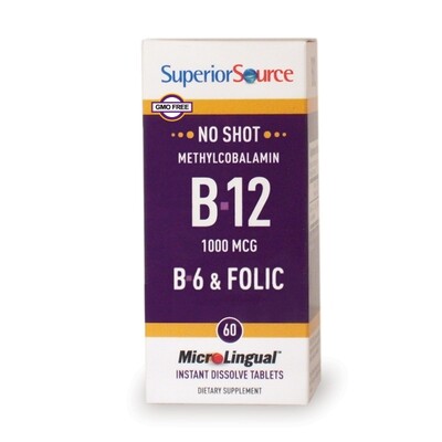 SuperiorSource NoShotB12 Methylcobalamin 1000mcg B6 2mg &amp; FolicAcid 400mcg 60tabs