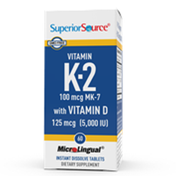 SuperiorSource VitaminK2 100mcg MK-7 W/VitD3 125mcg/5000IU 60tabs