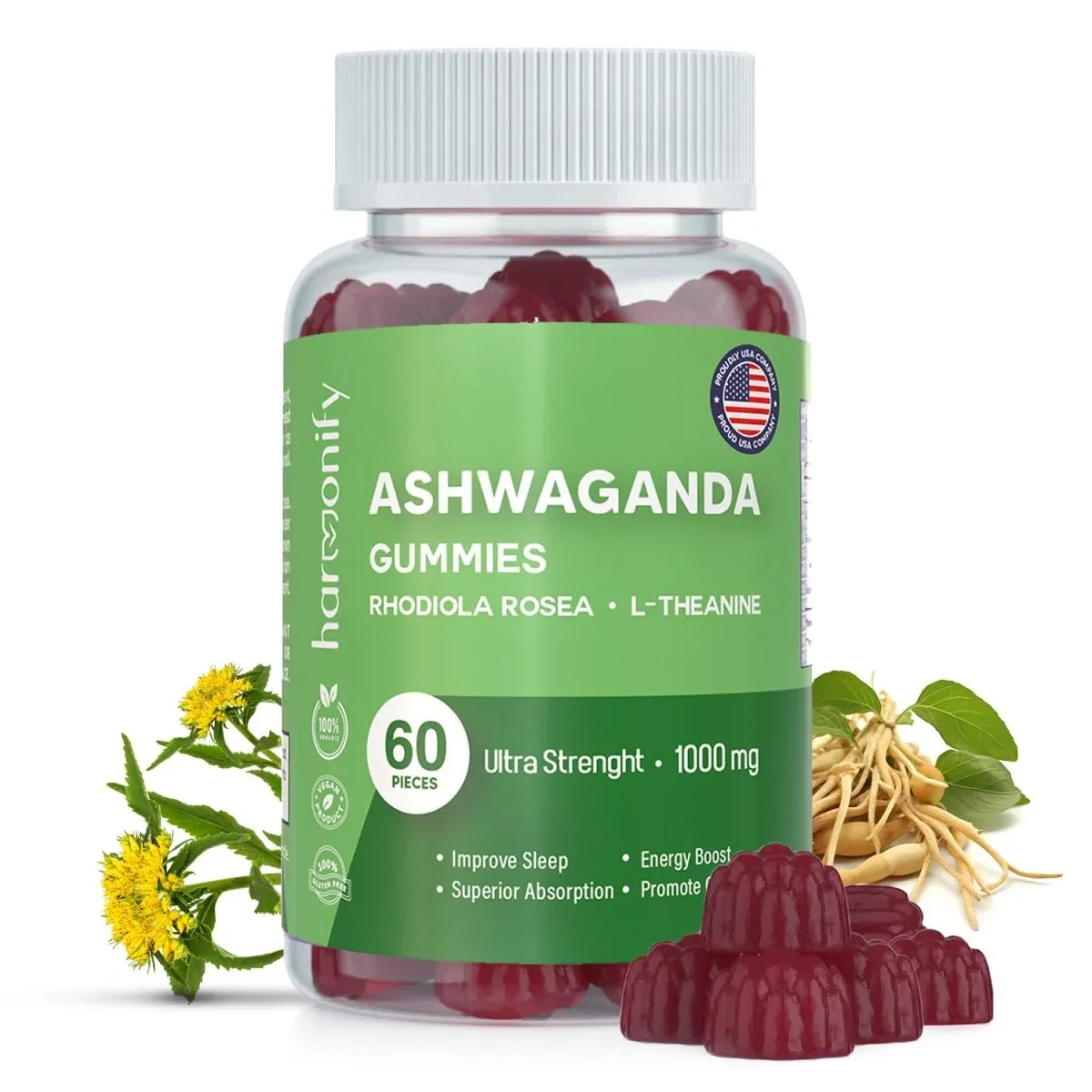 HARMONIFY - Ashwagandha &amp; KSM-66 Gummies with Mixed Rosea and L Theanine, 1000 mg