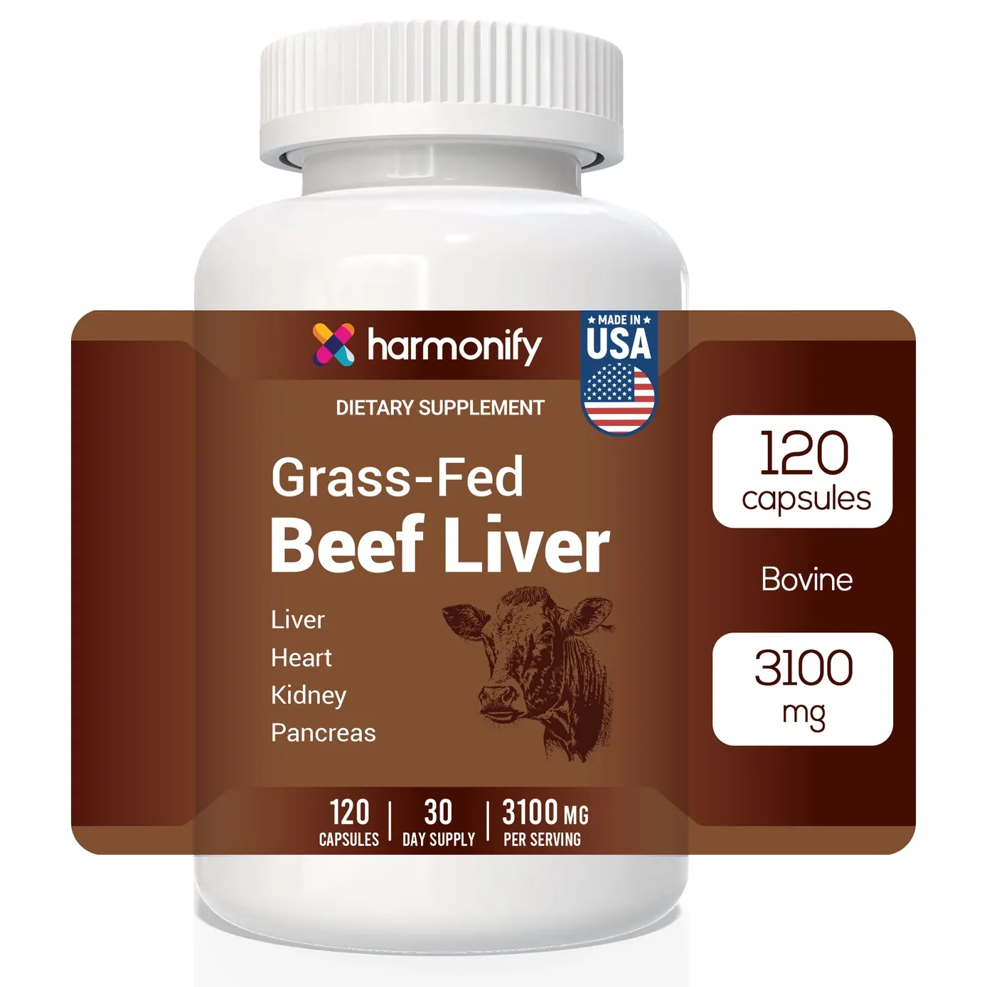 HARMONIFY - Grass Fed Beef Liver Capsules 3100mg Organ Meat Supplement 