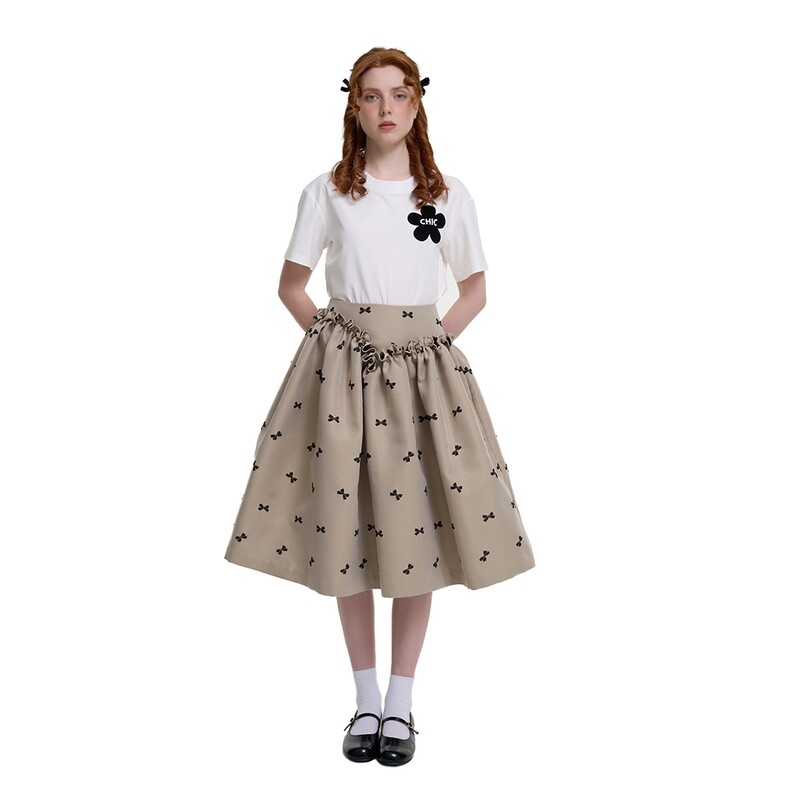 Beige Ribbon Bow Jacquard Asymmetric Skirt