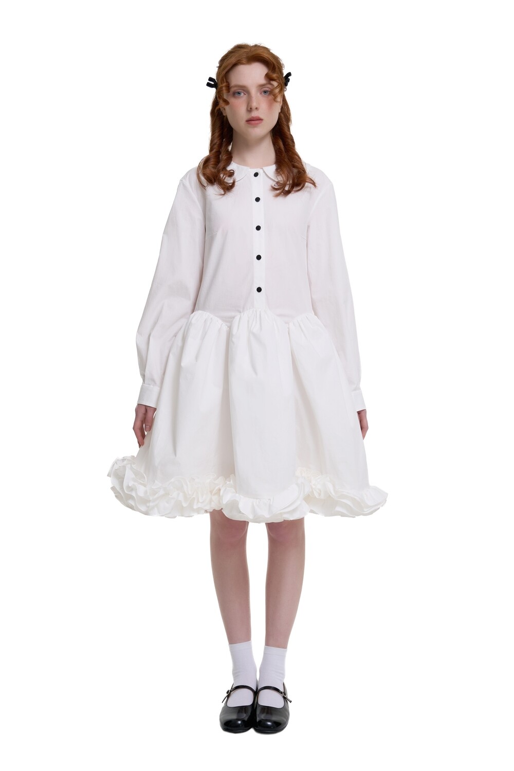 White Structured Cotton Shirt Dress With Ruffles