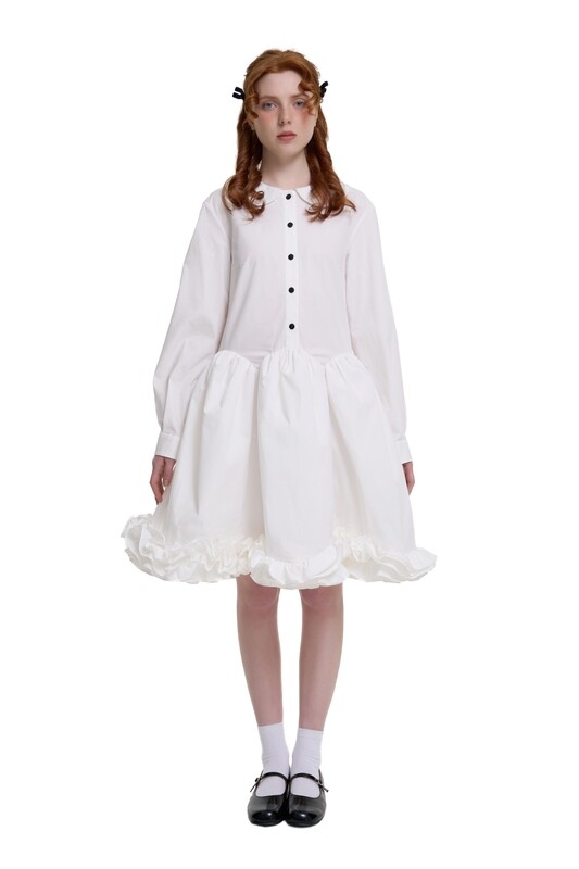 White Structured Cotton Shirt Dress With Ruffles