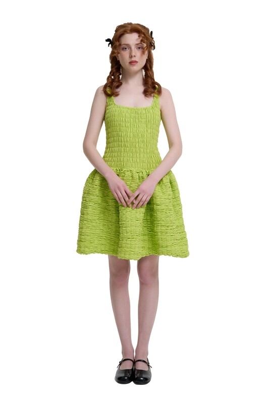 Lime Green Shirred Structured Dress